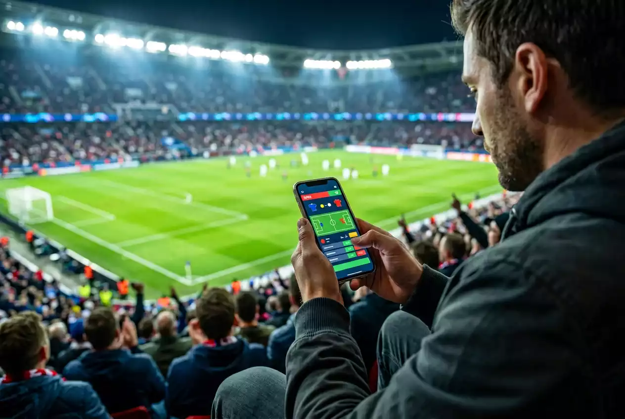 Live Fußball Wetten — Fan mit Smartphone im Stadion